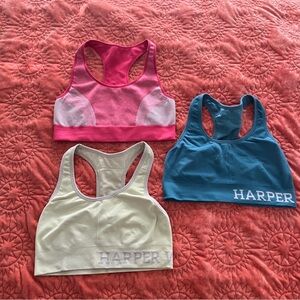 Harper Wilde and AerieTrio Sports Bras in Pink, Blue, and Cream